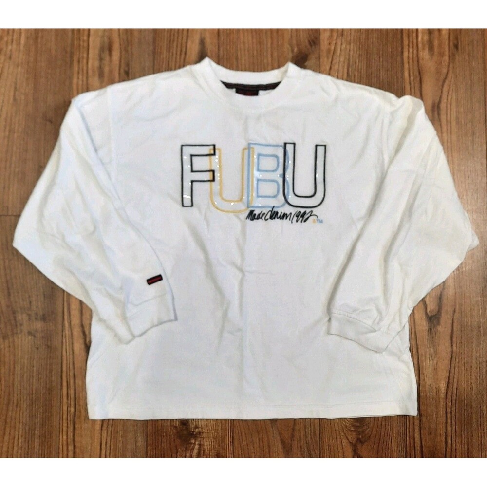 VTG FUBU Long Sleeve T-Shirt White Embroidered Vinyl Spell Out Graphic Youth 20